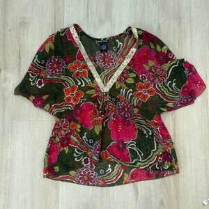 Wet Seal Y2K Vintage Green Pink Floral V Neck Flutter Sleeve Blouse Top Small